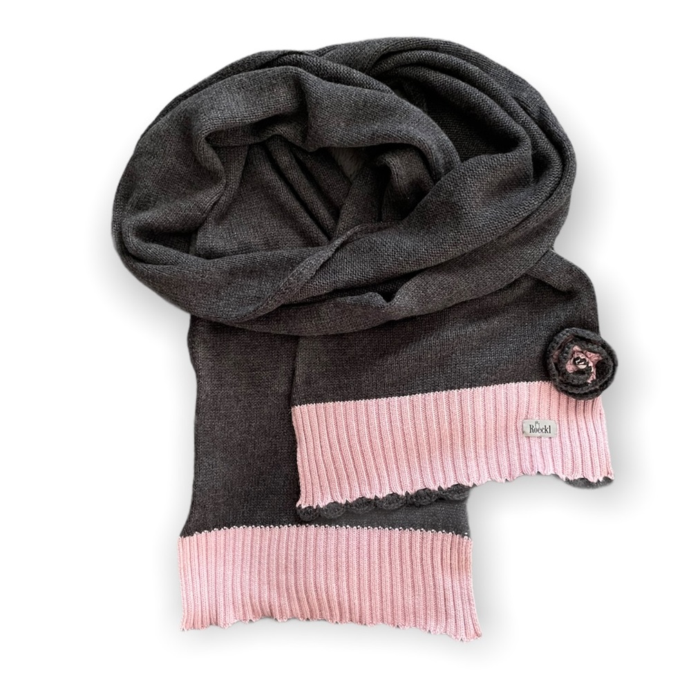 ROECKL Germany Merino Wool and Angora Black & Pastel Pink Scarf.
